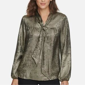 DKNY Metallic Pussycat Tie Neck Blouse With Baloon Sleeves.